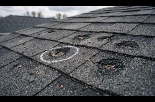 Hail impact bruising with granule loss on architectural shingles
