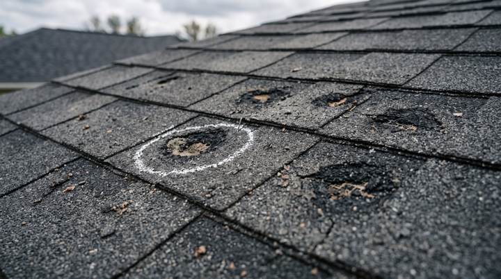 Close-up of architectural asphalt shingles showing circular hail impact bruises where granules have been knocked away, one marked with a chalk circle.
