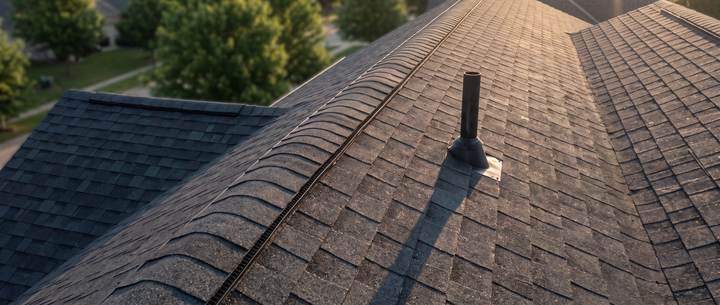 Low aerial view along a roof ridge showing ridge cap shingles, a ridge vent and a pipe boot flashing in raking morning light.